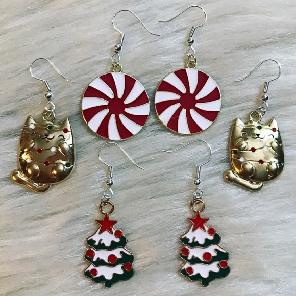 Hand Crafted Jewelry - Christmas Earrings Set N: Peppermint Swirl Candy, Kitty in Lights, & Trees